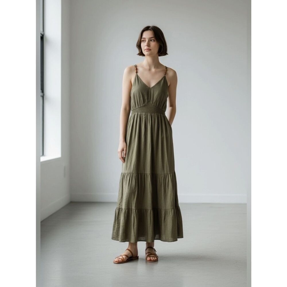Nicole Miller Olive Green Tier Linen Maxi Dress. Size Extra Small